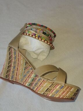 Women’s Beige Wedge Sandals with Multicolor Beaded Ankle Straps